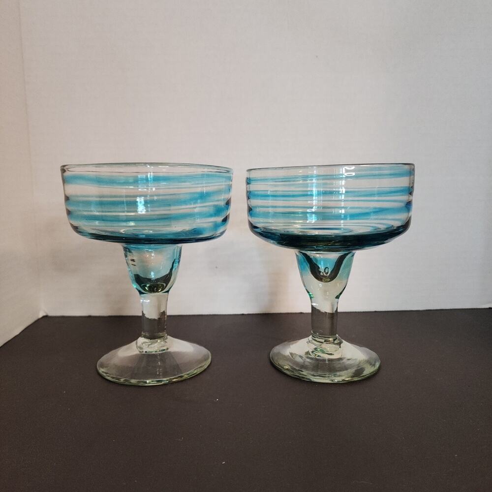 Crate&Barrel Aqua Swirl 6"Margarita Glasses-Dessert Bowls Hand Blown Mexico Qty2